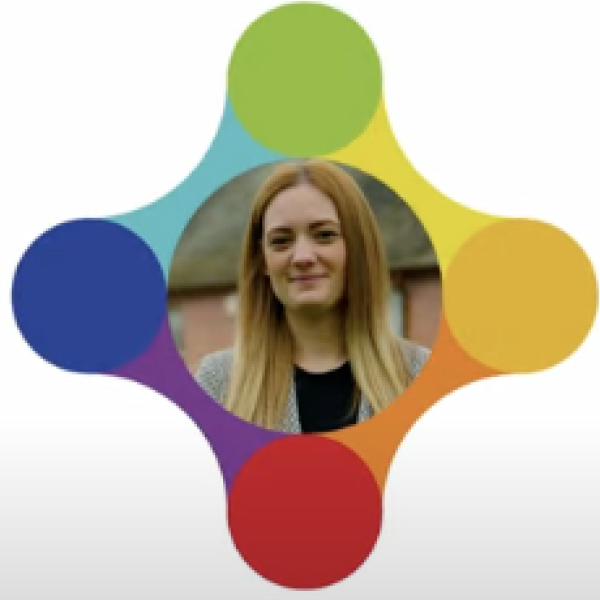 An women's face within a coloured logo.