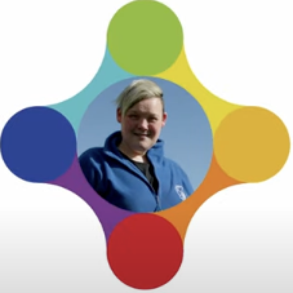 A women in a blue fleece appears in a colourful logo.